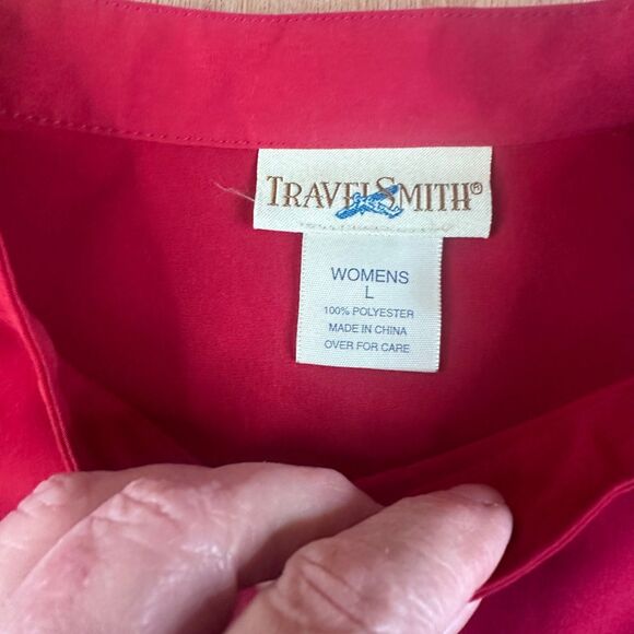 TravelSmith Women’s L Red Button Front Mandarin Collar Top Long Sleeve - Picture 3 of 4